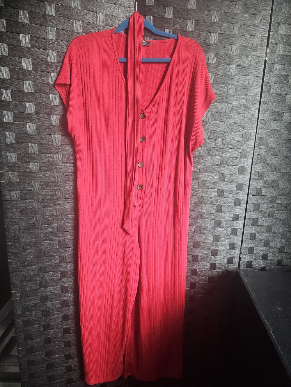 Bershka Hot Pink Ribbed Button-Front Maxi Jumpsuit